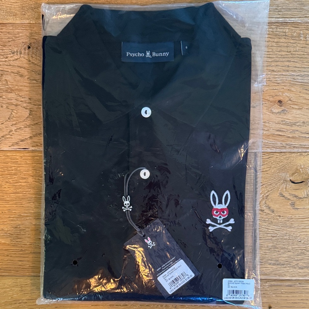 NWT Men’s Psycho Bunny Black Polo Shirt with White Accents